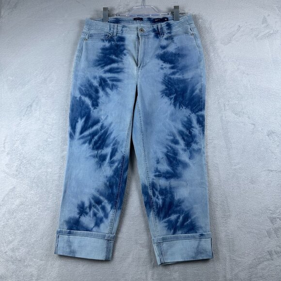 J. Jill High Rise Cropped Jeans Womens Size 16 Tie Dye Rolled Cuff Hem Blue - Picture 1 of 12